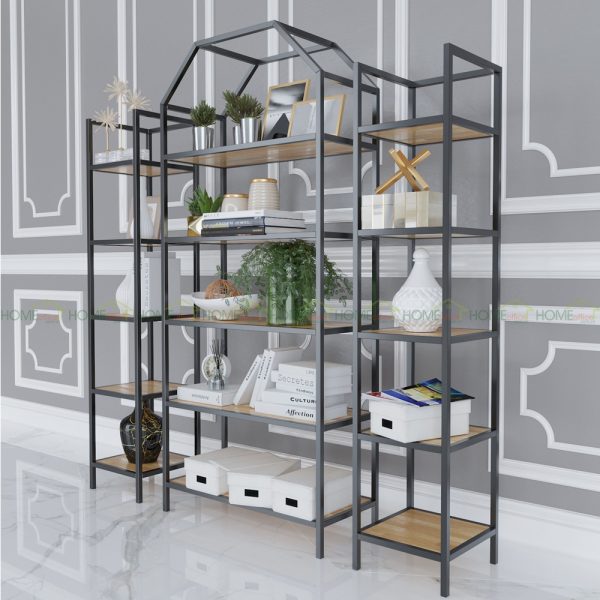 Kệ sách trang trí HOME-SHELF khung sắt gỗ cao su KTB68051