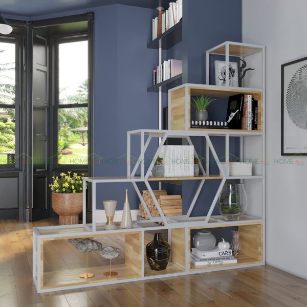 Kệ sách kệ trang trí STE-SHELF gỗ cao su khung sắt KTB68054