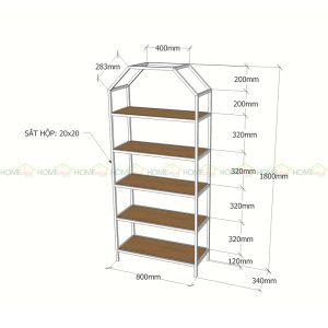 Kệ sách trang trí HOME-SHELF khung sắt gỗ cao su KTB68051