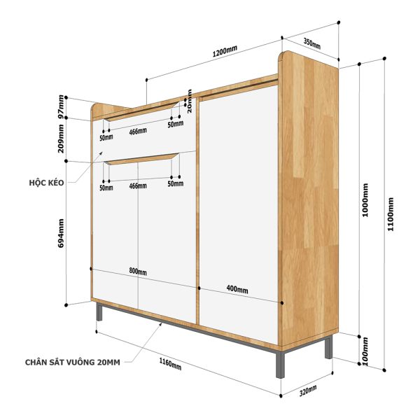 Tủ giày 1m2 hiện đại 3 cánh 1 ngăn kéo gỗ cao su chân sắt KG68033