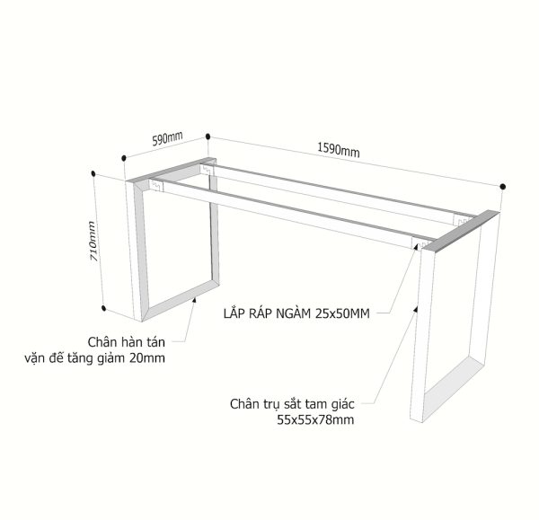 Kích thuớc chân sắt tam giác lắp ráp cho bàn 160x60cm