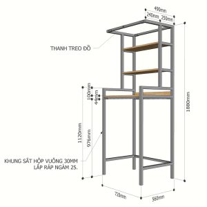 Kệ máy giặt 3 tầng gỗ cao su khung sắt lắp ráp KMG68012