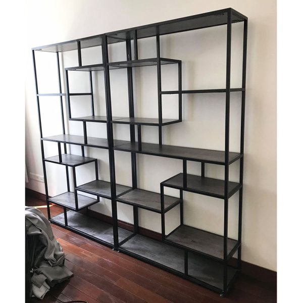 Hệ kệ trưng bày gỗ cao su khung sắt 200x30x180cm KTB68079