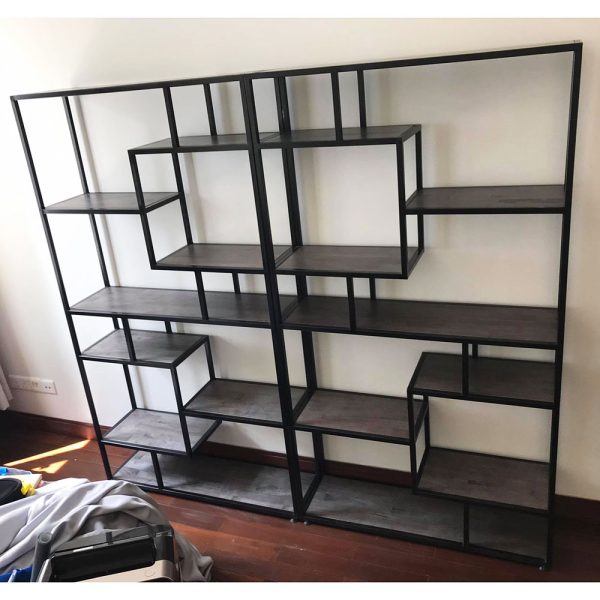 Hệ kệ trưng bày gỗ cao su khung sắt 200x30x180cm KTB68079