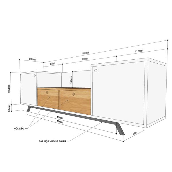 Kệ tivi phòng khách gỗ cao su chân sắt 160x36x48cm KTV68060