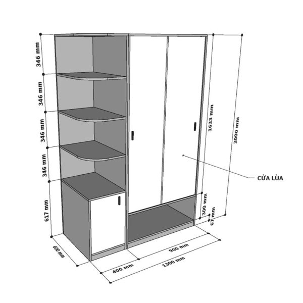 Module tủ quần áo kết hợp kệ trang trí gỗ cao su TQA68041
