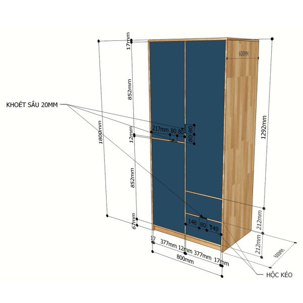 Kích thước Tủ quần áo hiện đại gỗ cao su 2 hộc kéo TQA68014