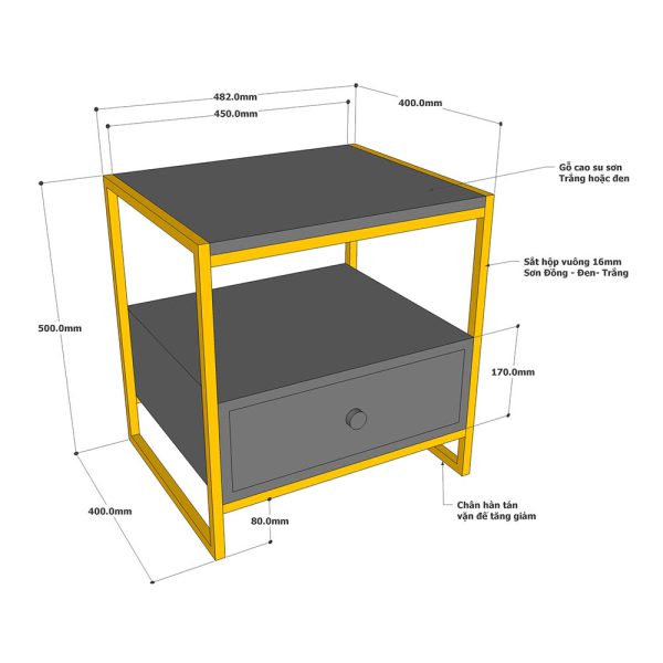 Tủ kệ đầu giường MOZO khung sắt gỗ cao su TDG68039