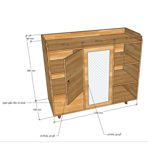 Tủ để đồ có ngăn kéo giấu tiền 125x49x100cm gỗ cao su KTB68188