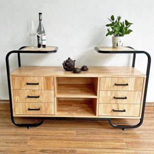 Tủ trang trí phòng khách bằng gỗ tự nhiên khung sắt KTB68134