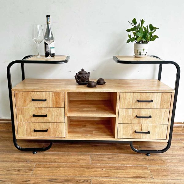 Tủ trang trí phòng khách bằng gỗ tự nhiên khung sắt KTB68134