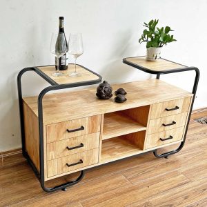 Tủ trang trí phòng khách bằng gỗ tự nhiên khung sắt KTB68134