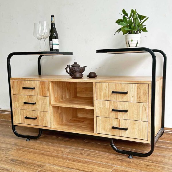 Tủ trang trí phòng khách bằng gỗ tự nhiên khung sắt KTB68134