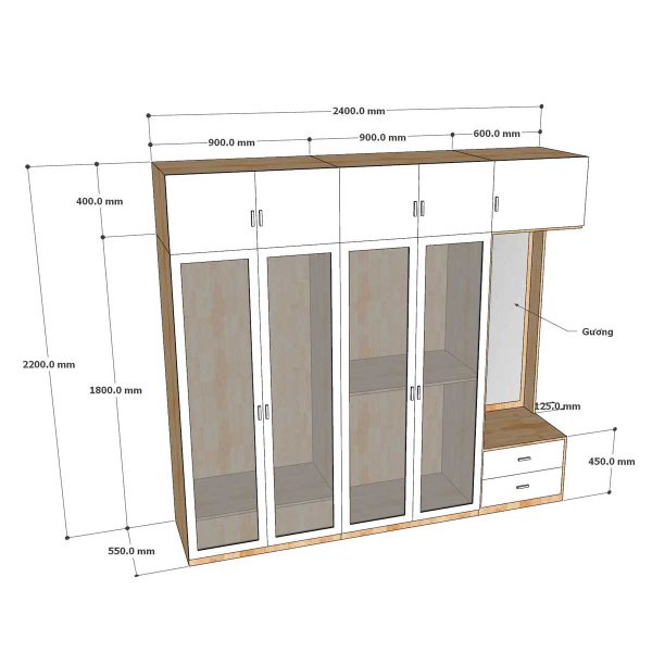 Hệ tủ quần áo 240x55x220cm gỗ cao su cửa kính TQA68048