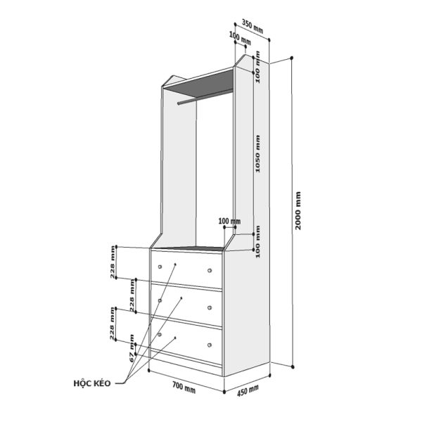 Tủ quần áo hiện đại có ngăn kéo gỗ cao su TQA68030