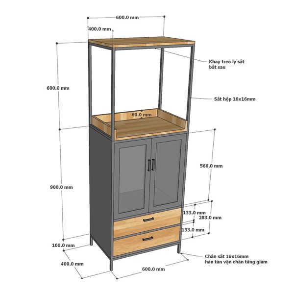 Tủ gỗ tự nhiên khung sắt có khay đựng ly vang TPA017