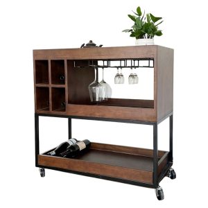 Kệ Rượu đi động gỗ tự nhiên kết hợp khung sắt KR68002