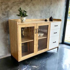 Tủ trang trí cửa kính gỗ cao su chân sắt KTB68123