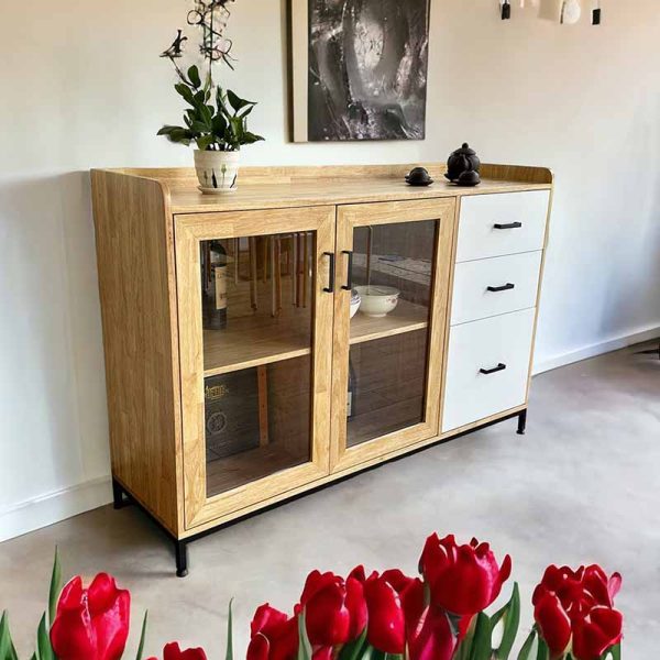 Tủ trang trí cửa kính gỗ cao su chân sắt KTB68123