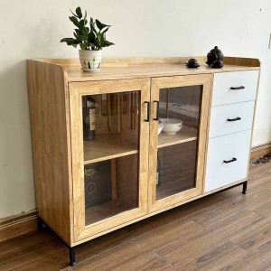 Tủ trang trí cửa kính gỗ cao su chân sắt KTB68123