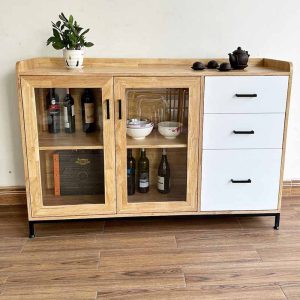 Tủ trang trí cửa kính gỗ cao su chân sắt KTB68123