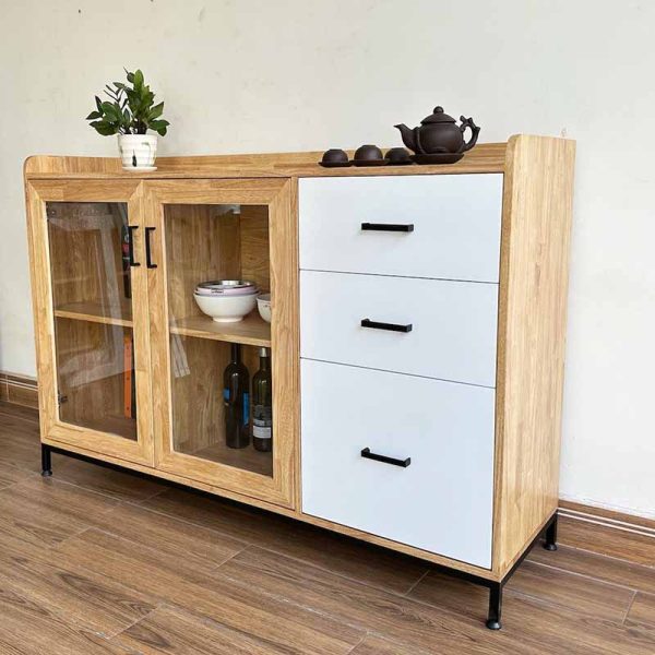 Tủ trang trí cửa kính gỗ cao su chân sắt KTB68123